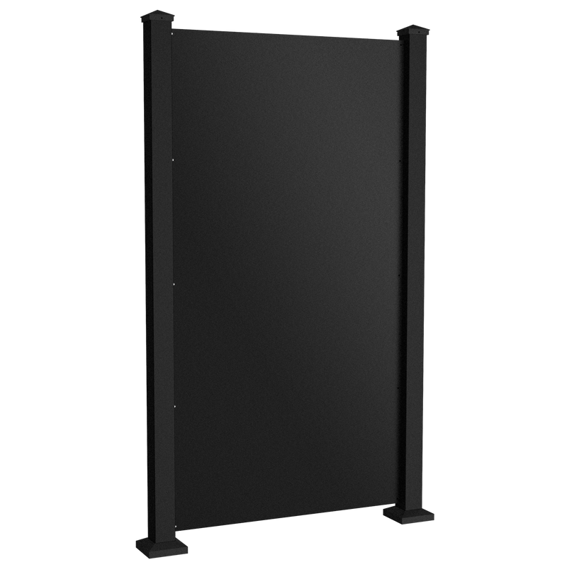 Sunbelly Black Solid aluminum privacy screen panel with posts, angled view showing laser-cut solid design and powder-coated finish decking swatch