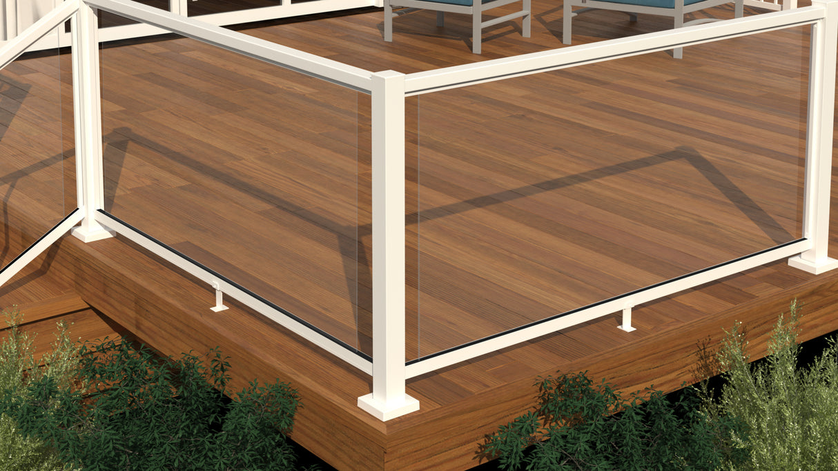 Kool-Ray Pillar glass railing — full section with support legs