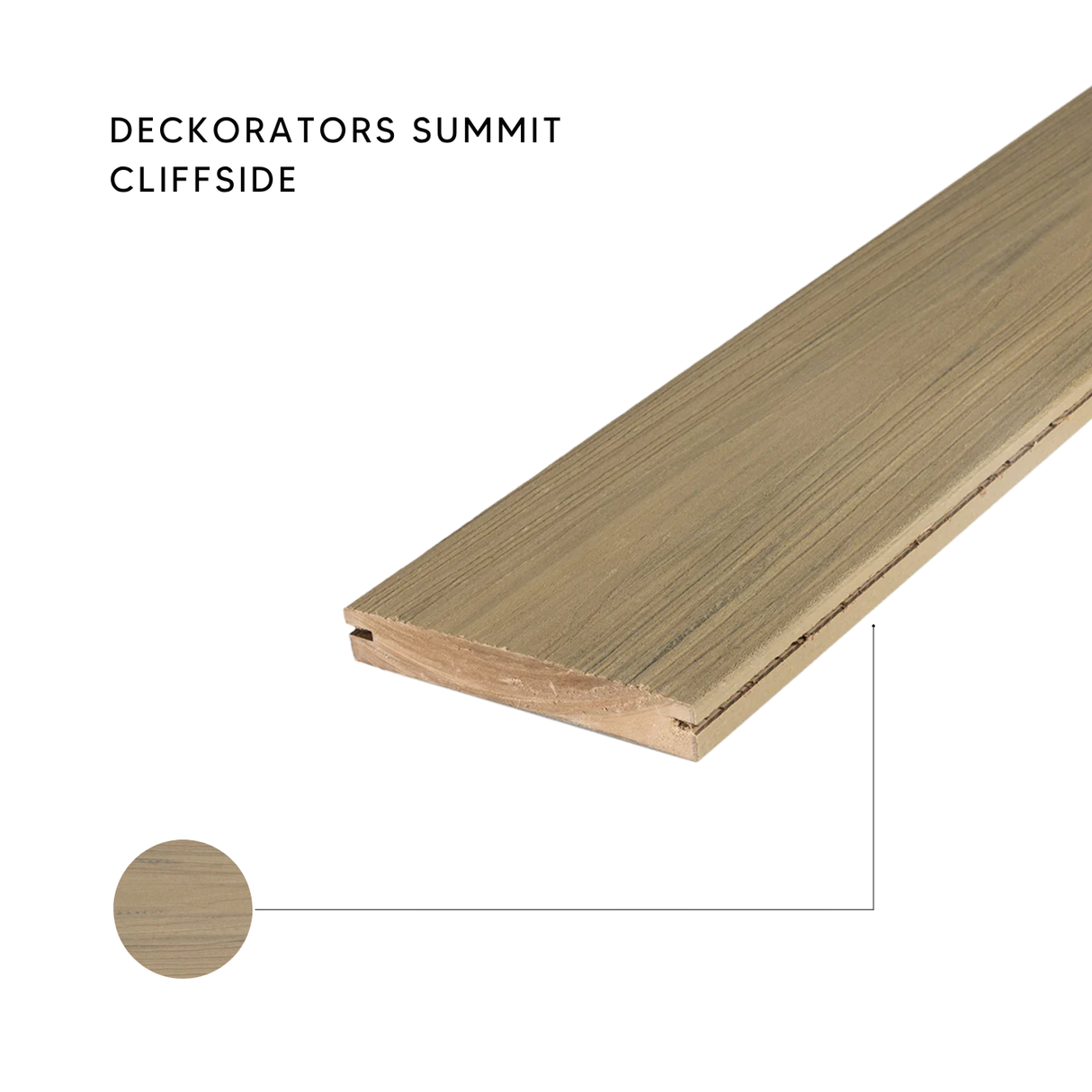 Deckorators Summit Cliffside grayish-brown mineral-based composite deck board, showcasing the rich, flat-grain texture and grooved edge profile.