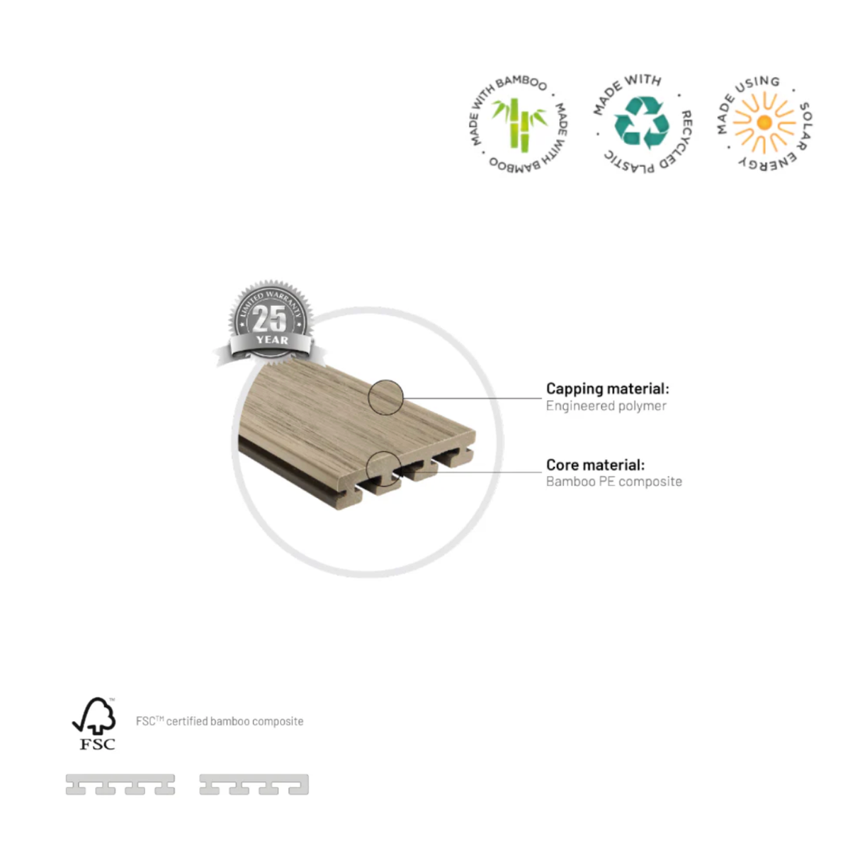 Diagram of Eva-Last Infinity Light Cream composite decking board showing cross-section, engineered polymer capping, bamboo PE composite core, 25-year warranty, and icons for made with bamboo, recycled plastic, and solar energy. Includes FSC certification logo.
