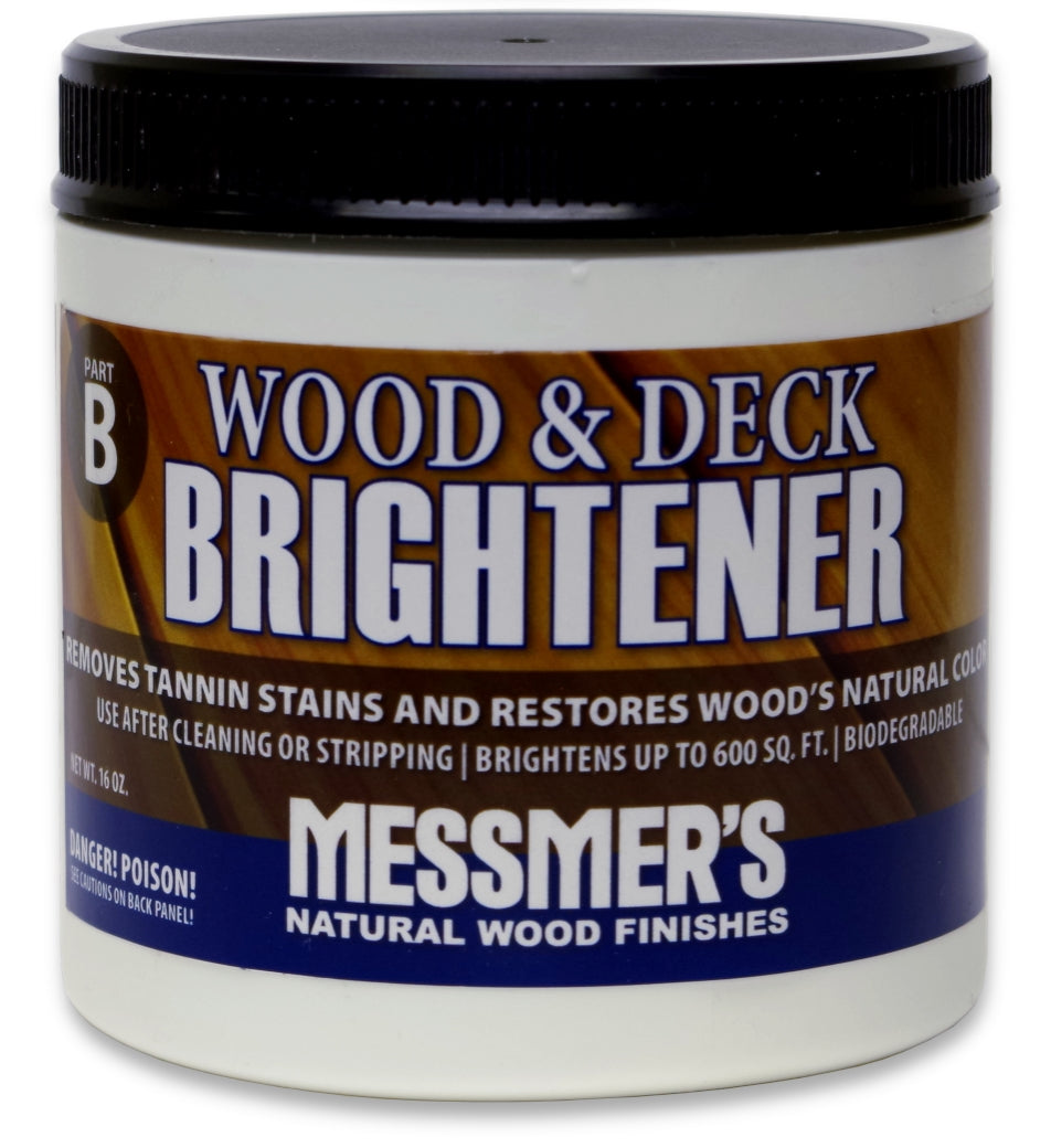 Messmer's Wood and Deck Brightener Part B 16 oz. jar, white crystalline powder concentrate used to neutralize wood and remove dark tannin stains before staining.