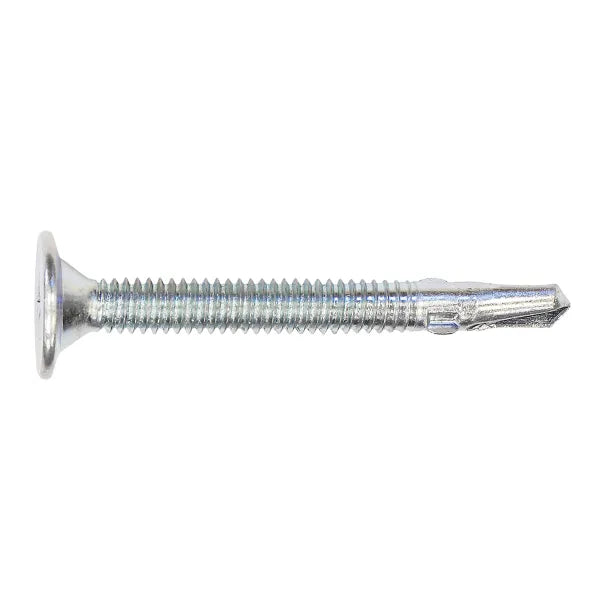 12 2-inch self-drilling wafer head screw with zinc plating, featuring a wide head and drill point for versatile fastening applications