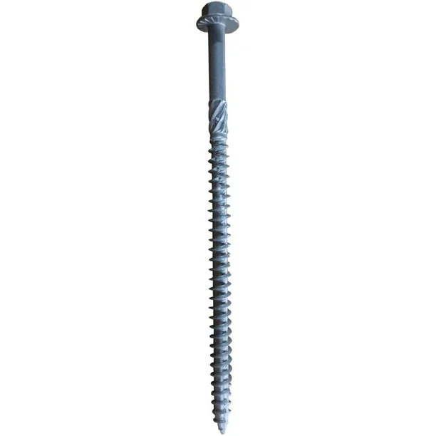 6-inch zinc-plated structural lag screw with hex head and integrated washer, ideal for mounting deck posts and outdoor structures