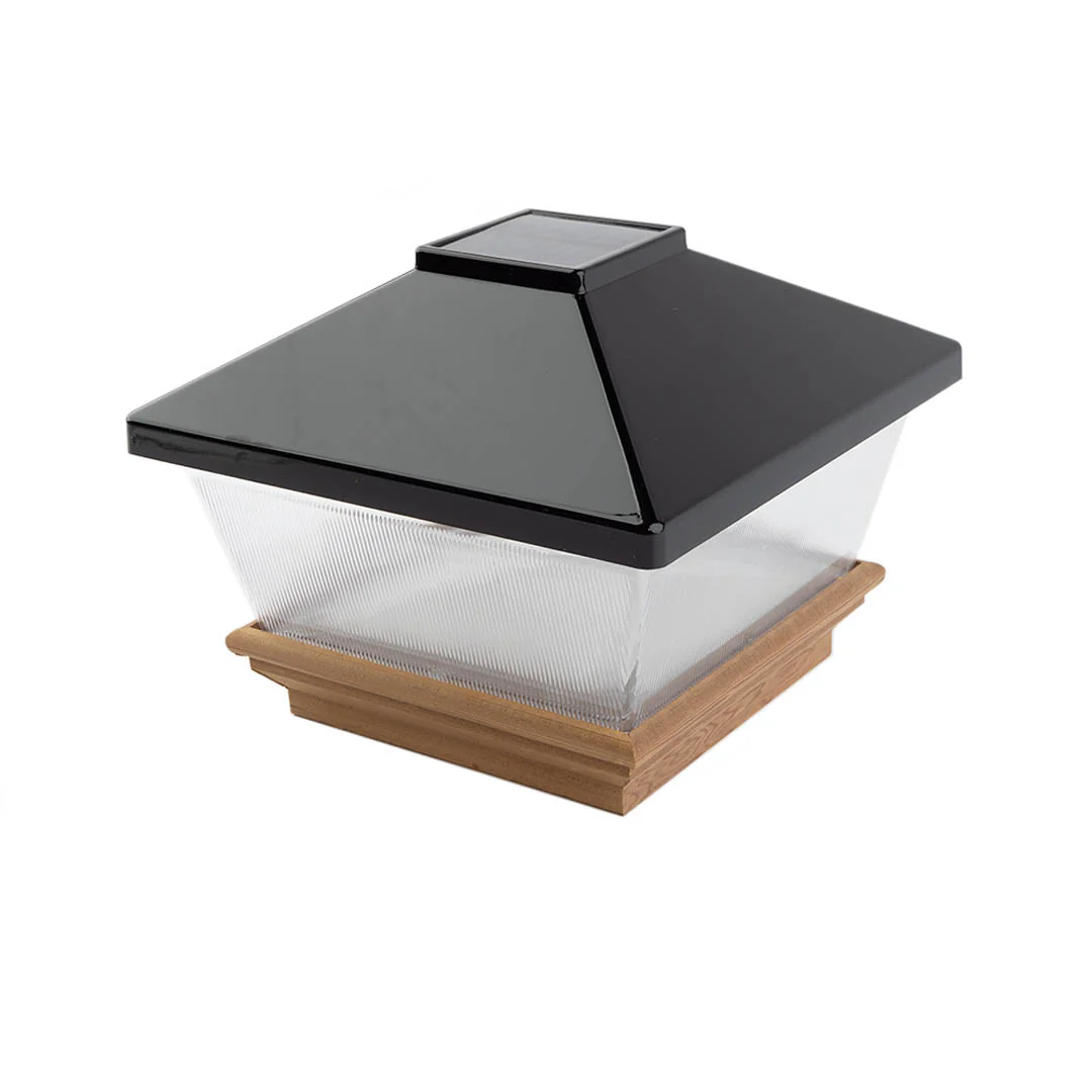 Elegant solar-powered post cap with beveled glass and durable plastic construction for deck and fence lighting