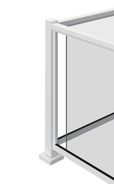 Kool-Ray I-Support Leg installed under a glass railing section