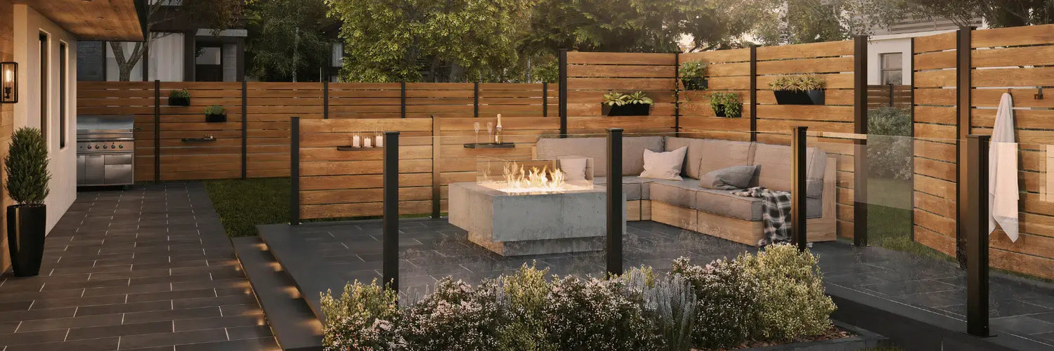 Perfect backyard with flass railing and slat wall fence and firepit