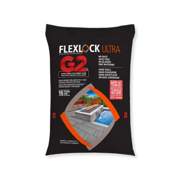Alliance G2 Ultra Polymeric Sand 50 pound bag, showing the G2 Intelligent Polymers and features like haze-free, dust-free, and 15 minute rain-safe technology.
