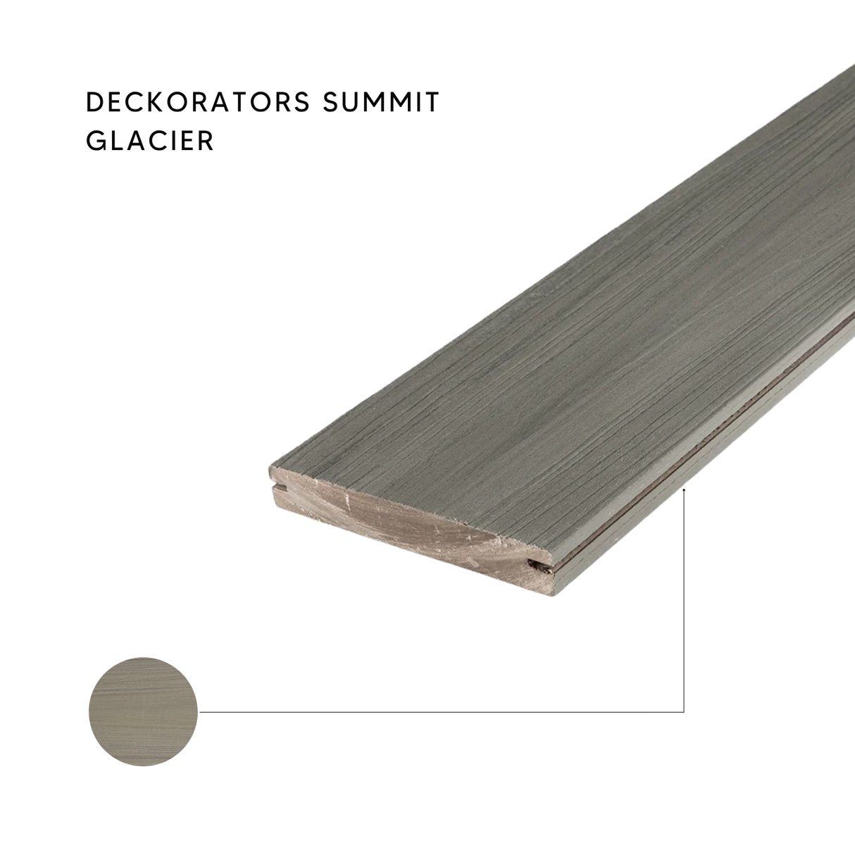 Deckorators Summit Glacier gray mineral-based composite deck board, showing the grooved edge profile, cool gray color, and fine woodgrain texture.