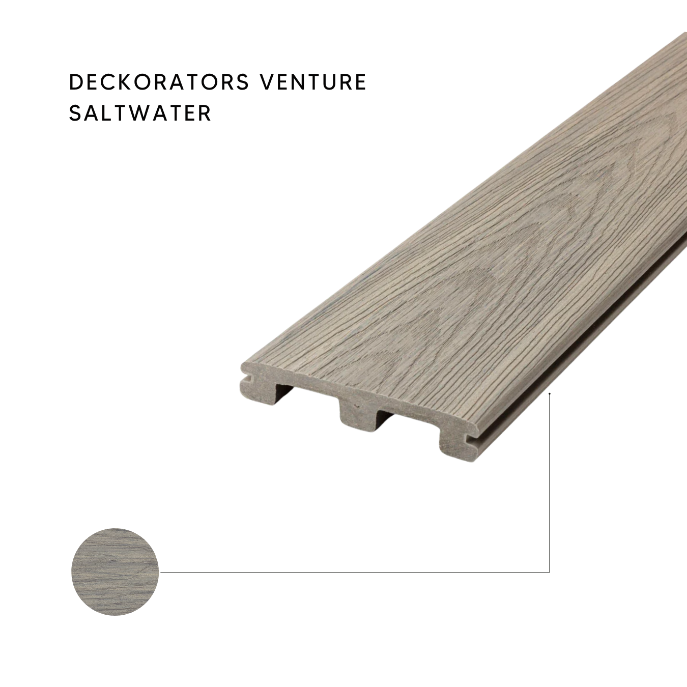 Close-up of Deckorators Venture Saltwater gray composite deck board, showcasing the natural wood grain texture and light, cool-toned color.