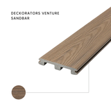 Deckorators Venture Sandbar composite deck board, showing the grooved edge profile, the wood-plastic composite core, and a detailed close-up of the Sandbar color and wood grain texture.