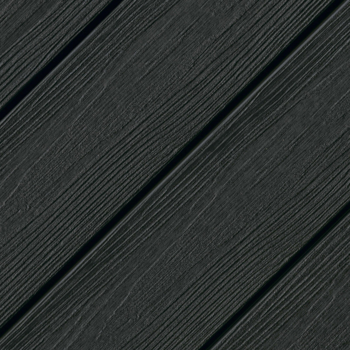 Eva-Last Infinity Baltic Nero near-black composite deck board, showcasing the dark sculpted grain texture and grooved profile for hidden fasteners.