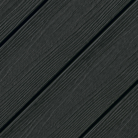 Eva-Last Infinity Baltic Nero near-black composite deck board, showcasing the dark sculpted grain texture and grooved profile for hidden fasteners.