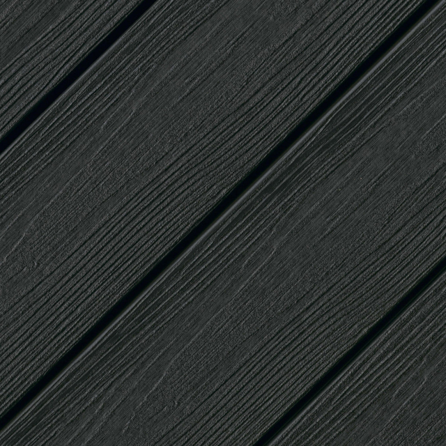 Eva-Last Infinity Baltic Nero near-black composite deck board, showcasing the dark sculpted grain texture and grooved profile for hidden fasteners.