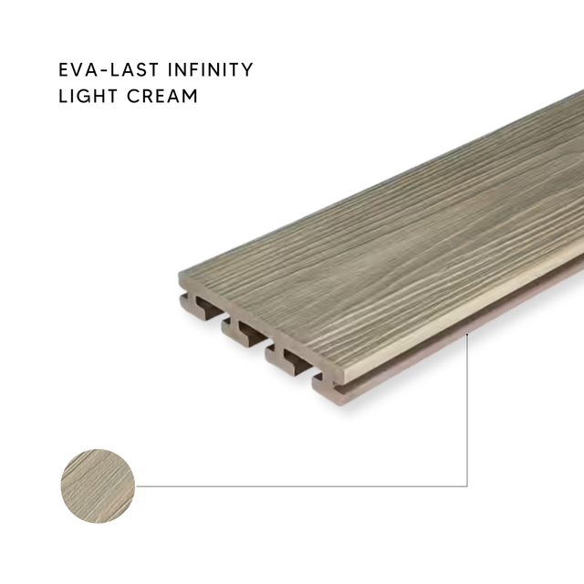 Eva-Last Infinity Light Cream capped composite deck board, showcasing the natural wood grain texture and light beige streaked color.