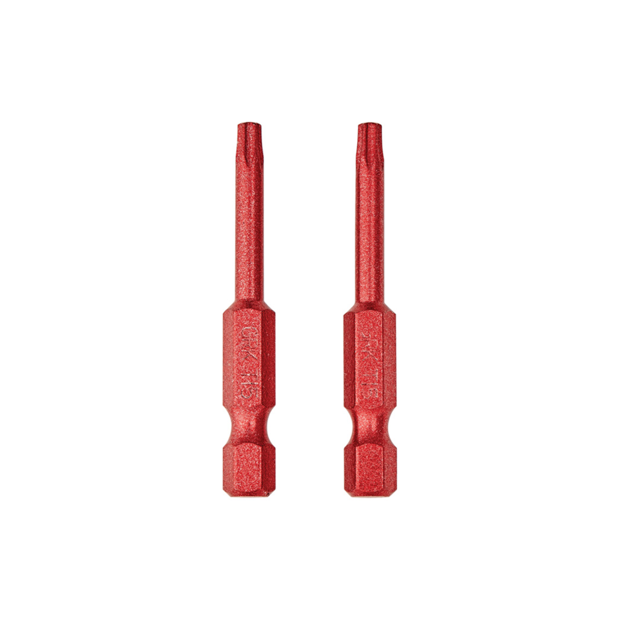 Pair of GRK Star Drive T15 (Red) 2-inch Torx driver bits, made from hardened steel for use with GRK R4 and Trim head screws.