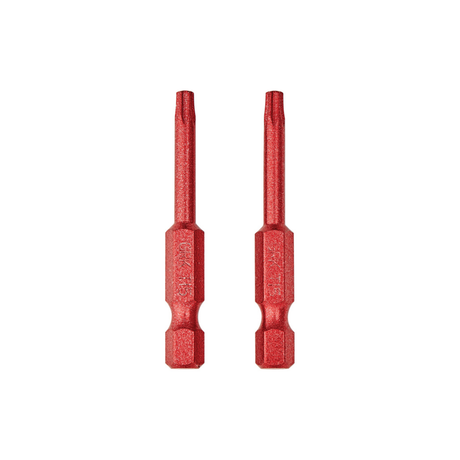Pair of GRK Star Drive T15 (Red) 2-inch Torx driver bits, made from hardened steel for use with GRK R4 and Trim head screws.
