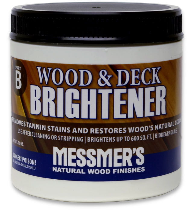 Messmer's Wood and Deck Brightener Part B 16 oz. jar, white crystalline powder concentrate used to neutralize wood and remove dark tannin stains before staining.