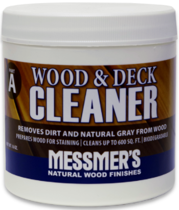 Messmer's Wood and Deck Cleaner Part A 16 oz. jar, white granular powder concentrate for deep cleaning and preparing wood surfaces for stain application.