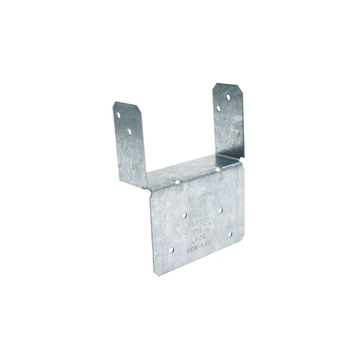 Simpson Strong-Tie LPC4Z adjustable light post cap, shown in ZMAX galvanized steel with pre-punched fastener holes, designed to connect a 4x4 post to a beam.